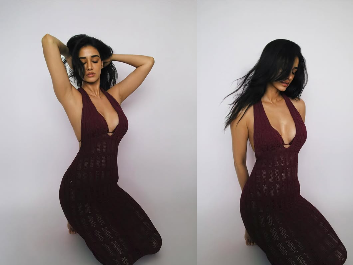 Disha Patani wore a maroon deep plunge neckline crochet dress and spread her glamour in front of the camera - Photo Gallery