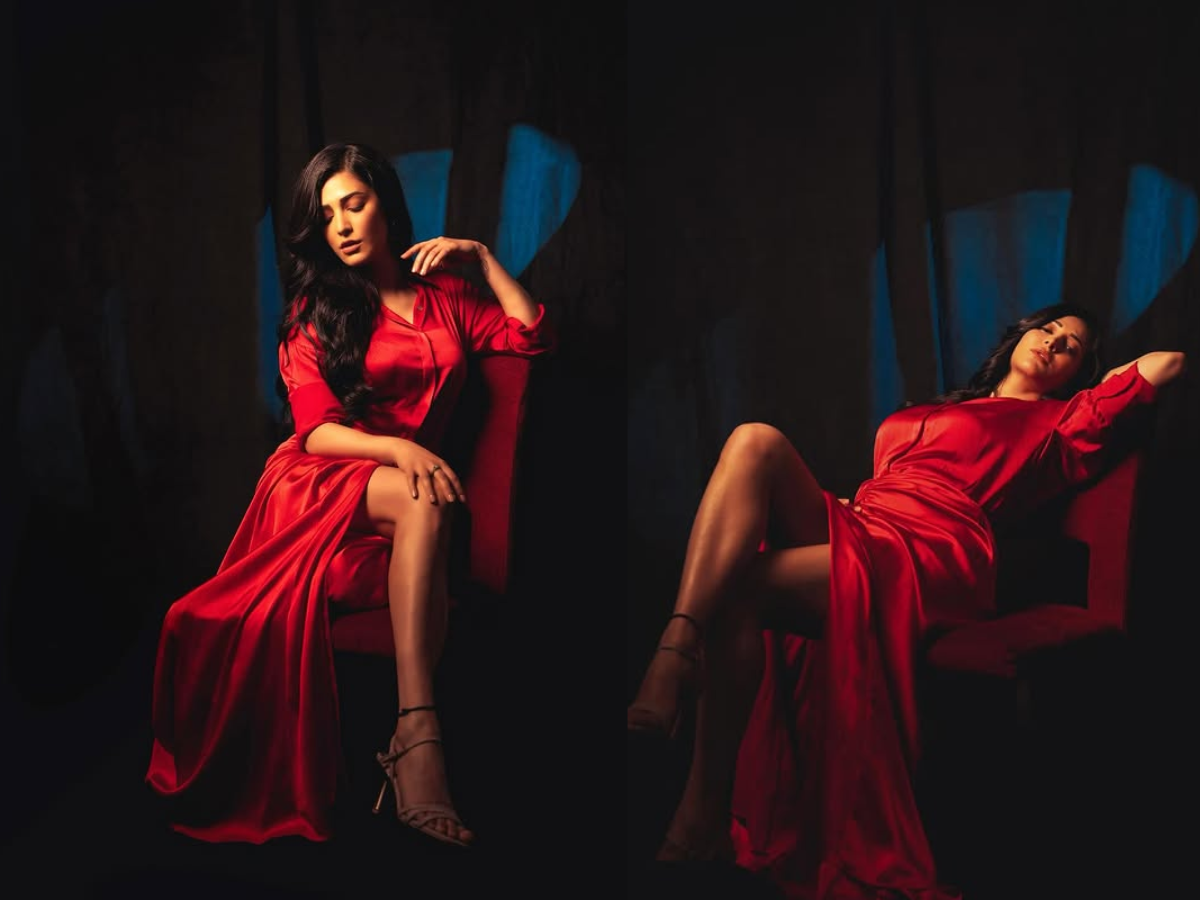 Shruti Hassan spread her beauty on the internet with her red satin gown - Photo Gallery