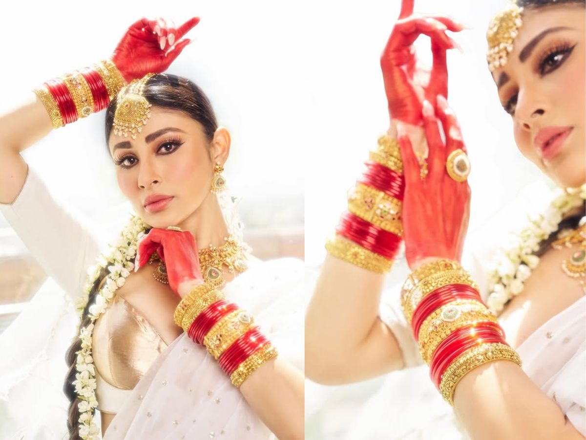 करवाचौथ से पहले Mouni Roy ने लाल चूड़ी पहन दिलों पर चलाई छुरियाँ, सुहाग का रंग छोड़ सफेद लहंगे में लगी अप्सरा - Photo Gallery