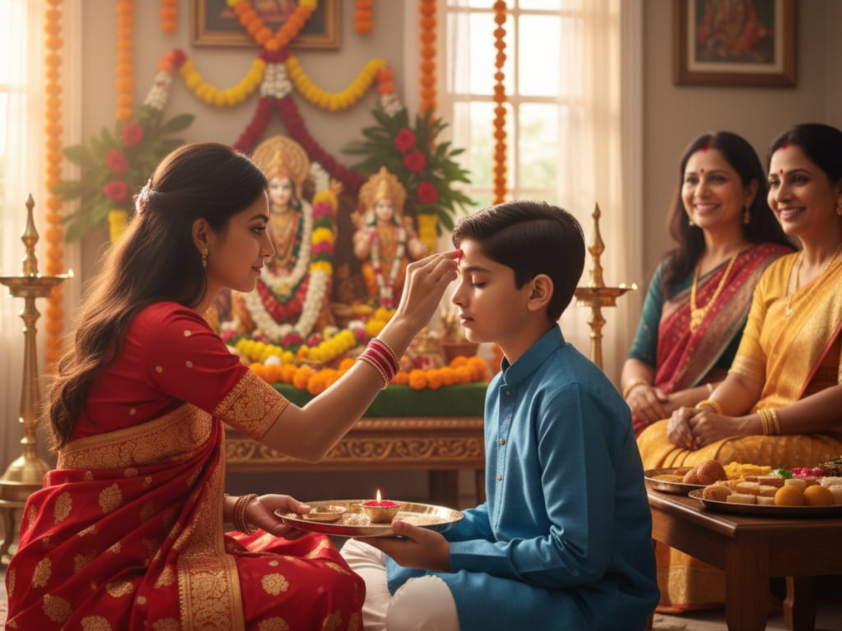 sister applying tilak on brother forehead - Photo Gallery