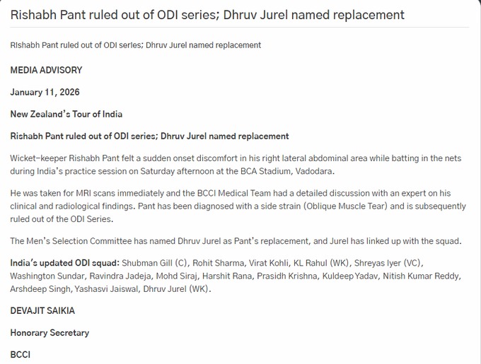 ind-vs-nz-rishabh-pant-out-dhruv-jurel-replacement-odi-2026 IND vs NZ 1st ODI: पंत वनडे सीरीज से हुए बाहर, इस खिलाड़ी की चमकी किस्मत! आज न्यूजीलैंड के खिलाफ पहले वनडे में मचाएगा तहलका?